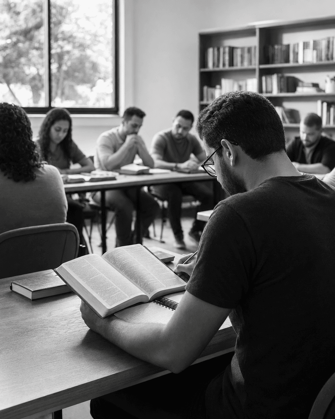 Alunos estudando Teologia em sala de aula